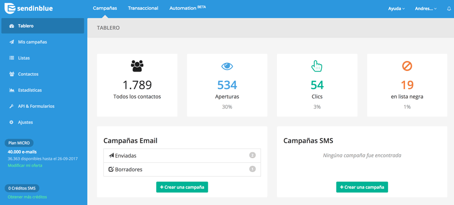 interfaz de sendinblue